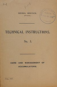Signal Service (France) Technical Instructions No. 3 Care and Management of Accumulators, July 1917 - Title page.jpg